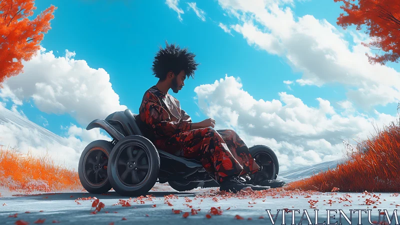 Hybrid quad-wheel mobility scooter under infrared-toned sky