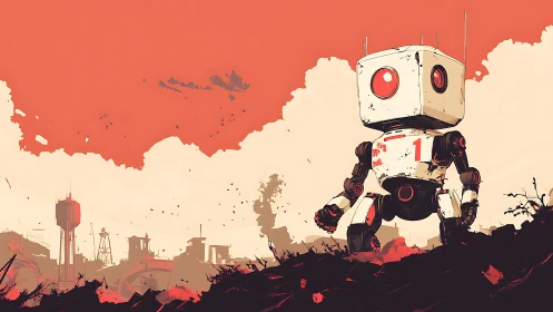 Box-headed bipedal robot in stylized industrial landscape.