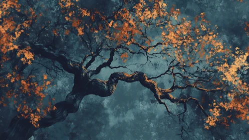 Twisted Tree Branches with Autumn Leaves in Moody Digital Art.