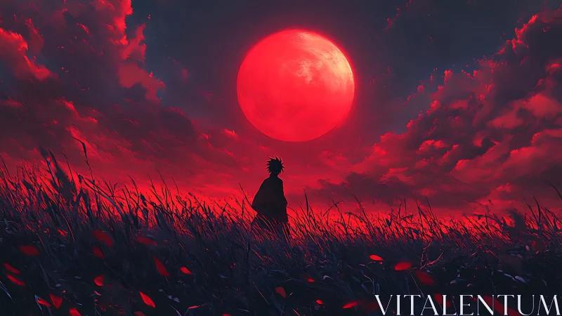 Silhouetted figure under large red moon in grassland field.