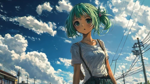 Atmospheric streetscape with teal haired anime pedestrian under cumulus sky.
