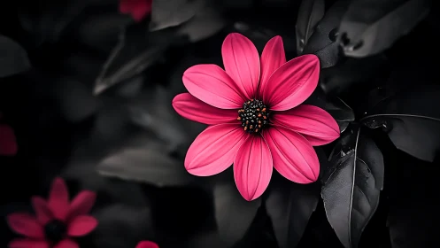 Magenta Cosmos Flower with Selective Color Isolation Against Desaturated Foliage.