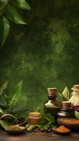 Herbal alchemy arranges spices and bottles in forest light