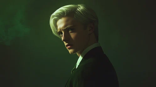 Brooding silver-haired youth turns in moody green light