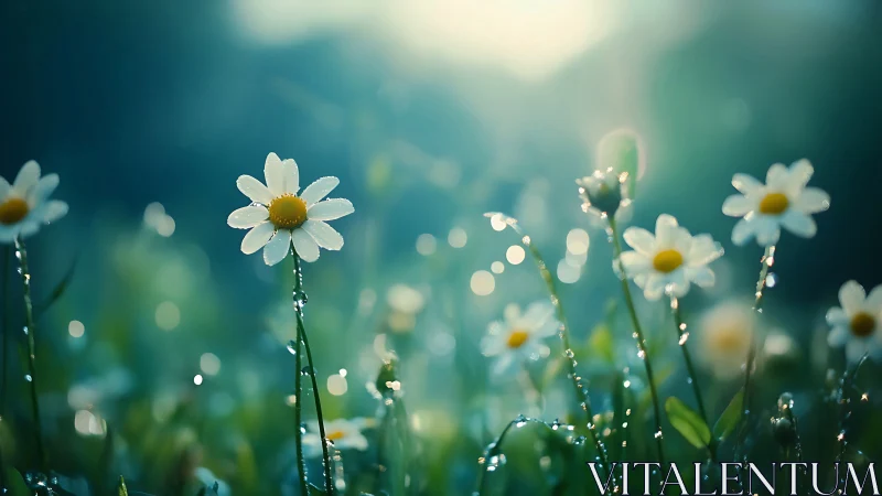 Dewlit daisies whisper under soft teal morning bokeh skies.