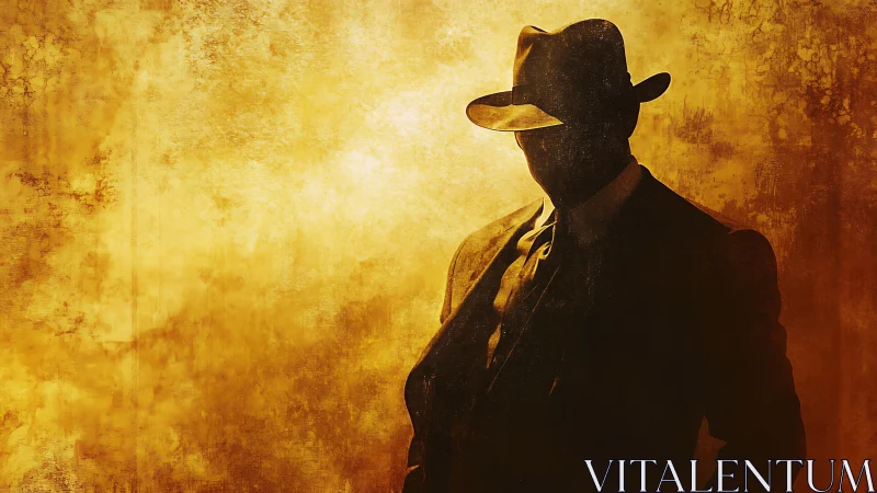 Silhouetted man in fedora against textured yellow ground.