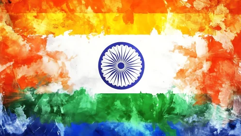 Painterly tricolour field with radial Ashoka Chakra emblem.