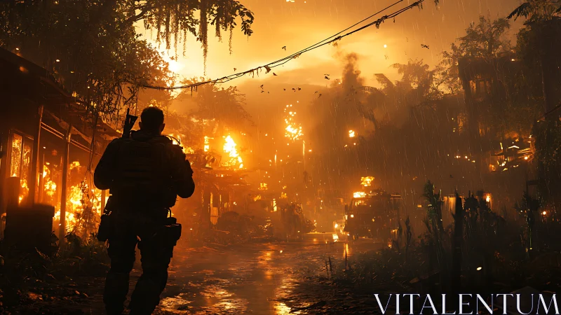 Silhouetted Figure in Apocalyptic Urban Firestorm with Pyroclastic Rainfall