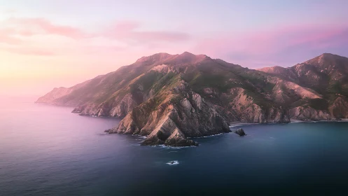Rose dusk crowns rugged sea cliffs in tranquil embrace.