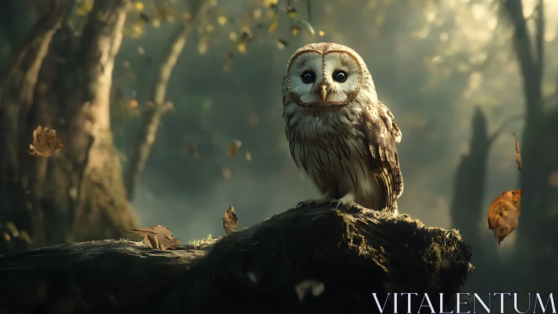 Realistic owl perched on mossy log in misty enchanted forest.