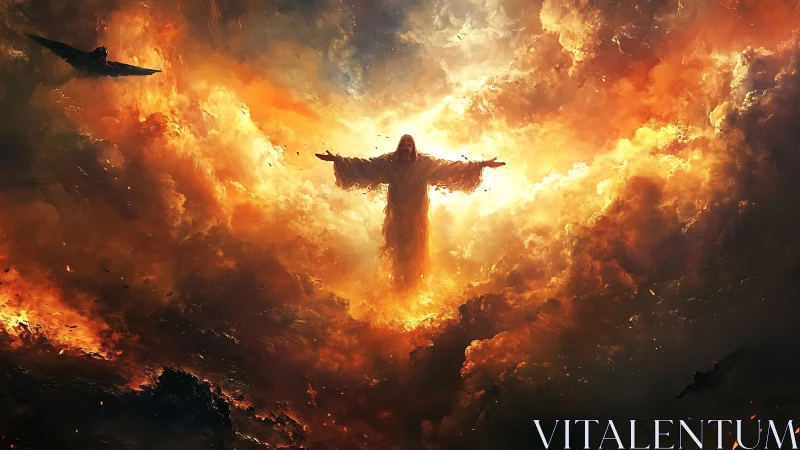 Figure in luminous clouds over fiery atmospheric landscape.