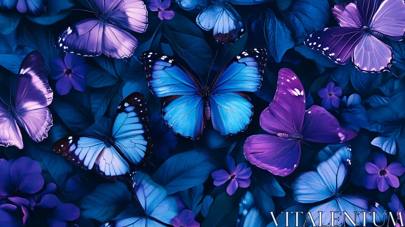 Violet and blue butterflies over deep midnight foliage.