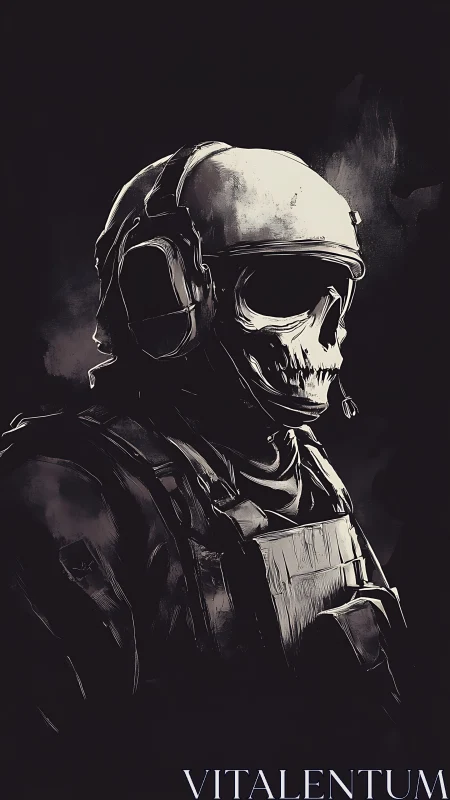 Tactical skull soldier portrait in stark monochrome armor.