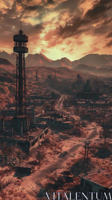 Observation tower overlooks deserted industrial wasteland valley