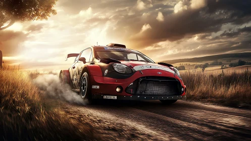 Sunlit rally rocket claws through dust and glowing fields