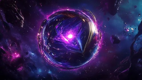 Luminous crystalline sphere suspended in deep space field.