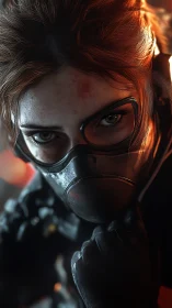 Storm-eyed survivor in emberlit mask, bracing for impact.