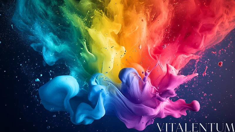 Exploding rainbow ink clouds swirl in a dark liquid space