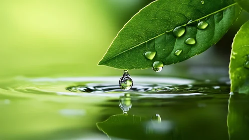 Hydrophobic leaf macro with droplet impact and fluid ripples.