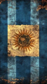 Weathered sun emblem blazes on distressed blue banner.