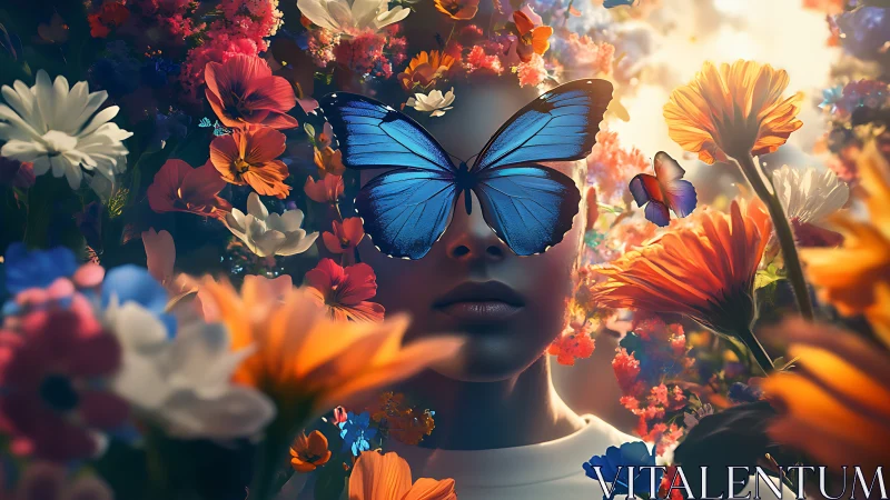 Surreal portrait merges human visage, butterflies and florals in bloom
