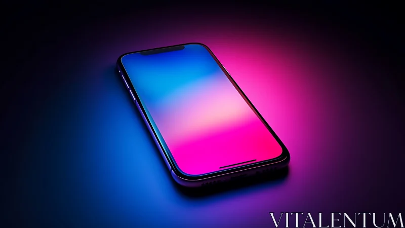 Modern smartphone displays vibrant neon gradient on dark studio background.