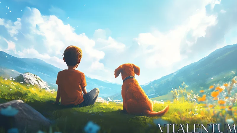 Boy and dog rest in luminous valley landscape digital painting