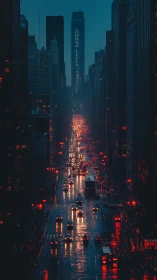 Rain-soaked neon canyon where city lights quietly smolder.