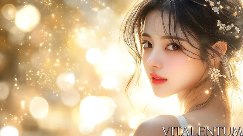 Ethereal bridal portrait glows within golden sparkling light