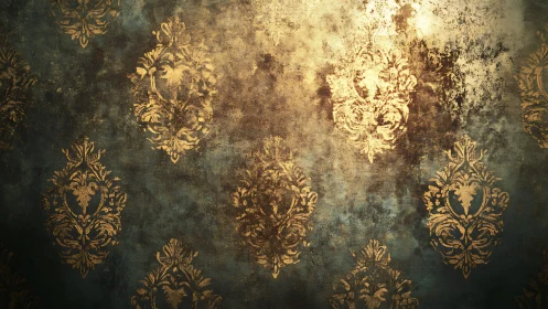 Ornate golden damask on distressed emerald backdrop.