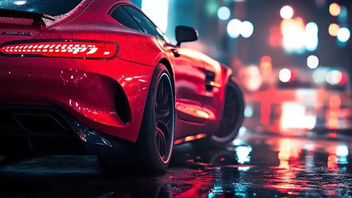 Red performance coupe in neon city rain with dynamic bokeh.