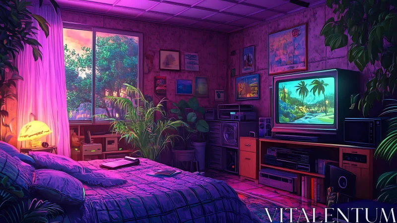 Neon-lit retro bedroom interior with CRT television and plants