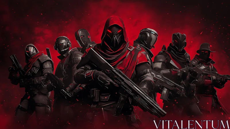 Paramilitary cloaked strike unit in crimson volumetric haze.