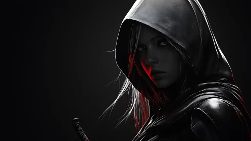 Hooded shadow hunts in neon whispers across the dark