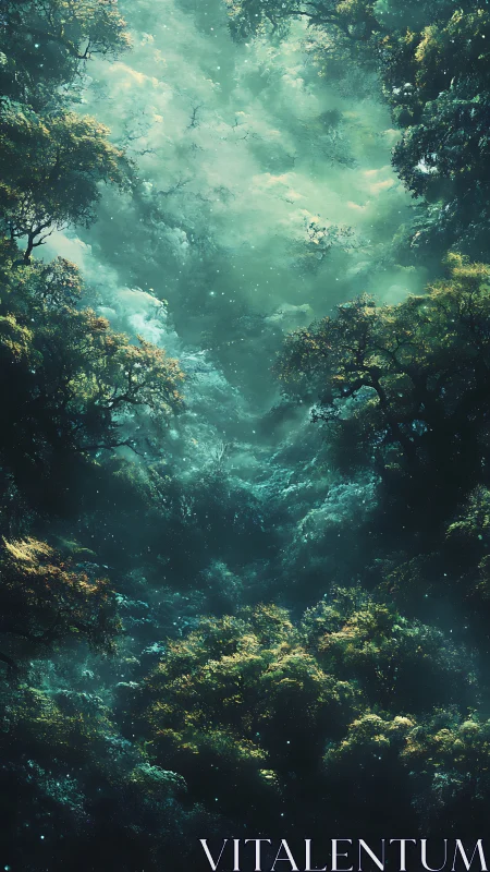 Mystical Aerial Forest Canopy with Ethereal Green Glow