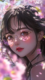 Digital portrait of girl in glasses amid pink blossoms.