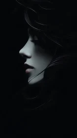 Luminous female profile emerging from deep shadowed void.