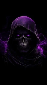 Hooded skull figure with purple glowing eyes is centrally framed
