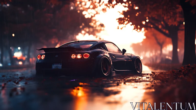 Midnight tuner glides through rainlit autumn boulevard glow.