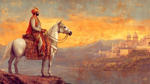 Mounted noble in ornate attire overlooking palace at dusk.