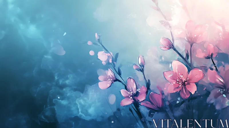 Pink flowers bloom against blue gradient background with bokeh