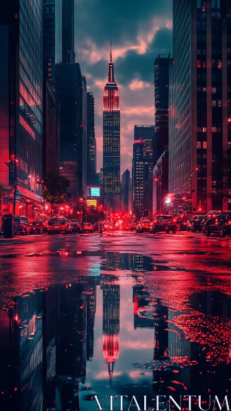 Empire State Building dominates neon-lit wet city street