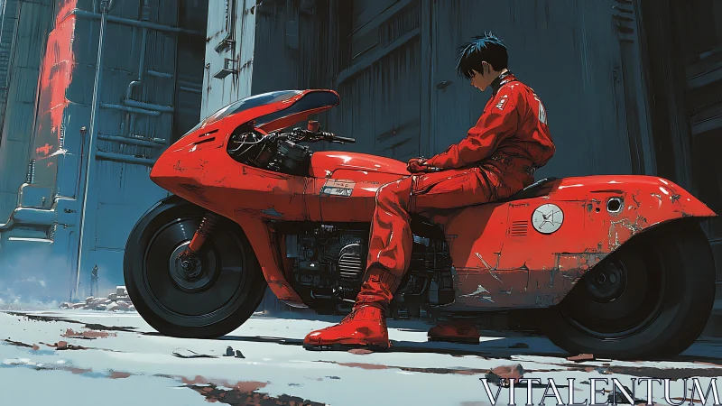 Cyberpunk rider on weathered red hoverbike in industrial alley