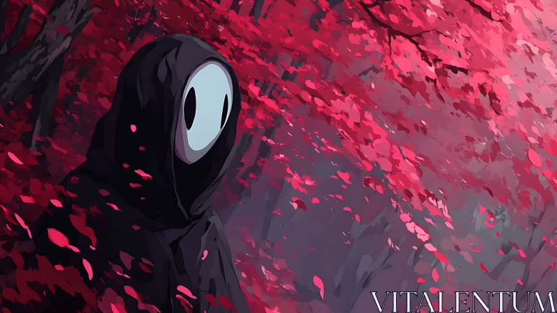 Hooded spirit figure in stylized crimson forest environment.