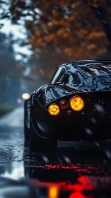 Rain-soaked supercar trails ember lights through twilight.