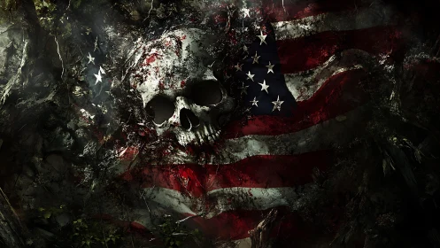 Weathered skull merges with torn American flag in decay
