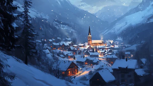 Snowbound alpine village illuminated by warm lantern light.