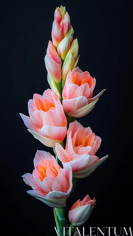 Blooming tropical flower spike with pink petals against dark backdrop