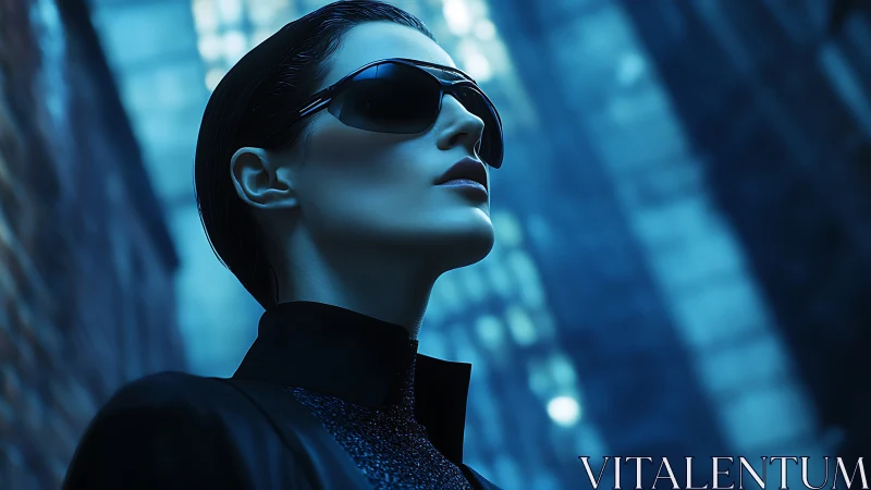 Person in dark sunglasses in blue-toned urban environment.