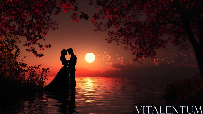 Silhouetted couple embracing in water at sunset with crimson foliage framing the scene